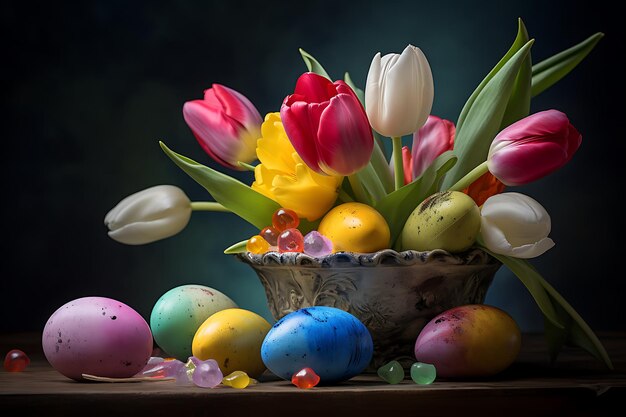 Tulips among colored eggs