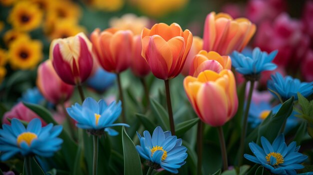 Tulips and daisies flourishing in a springtime garden