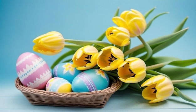 Foto tulipi e uova di pasqua su uno sfondo blu