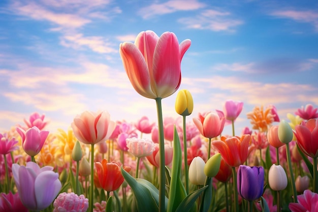 tulips in a field of flowers with the sun setting behind them.