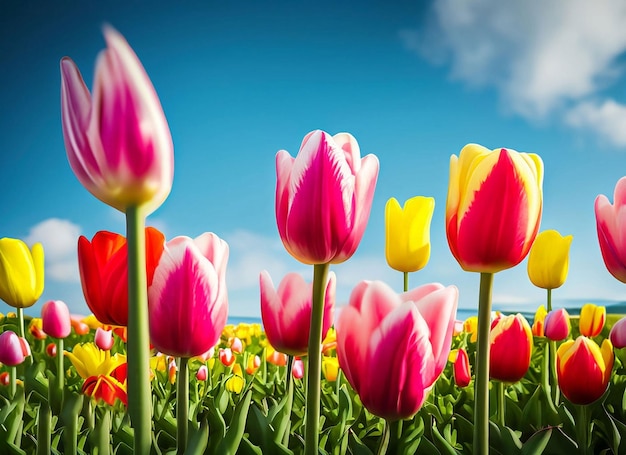 Tulips in a field with a blue sky behind them