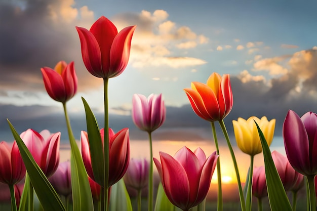 Tulips in a field with a sunset in the background