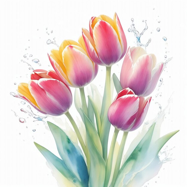 Tulips floral white background scattered watercolor