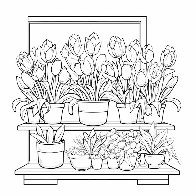 tulips in a flower shop in a black white for kids coloring page