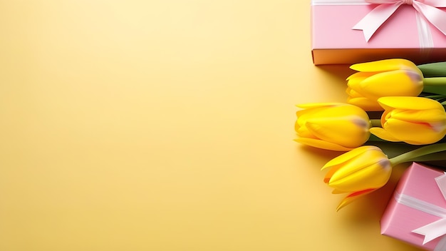 Tulips flowers and gift box on yellow background