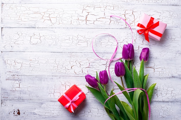 Tulips flowers and gift box. 