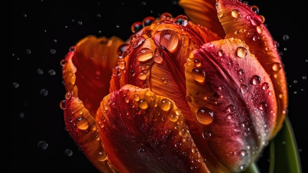 Tulips Flowers hit by splashes of water with black blur background