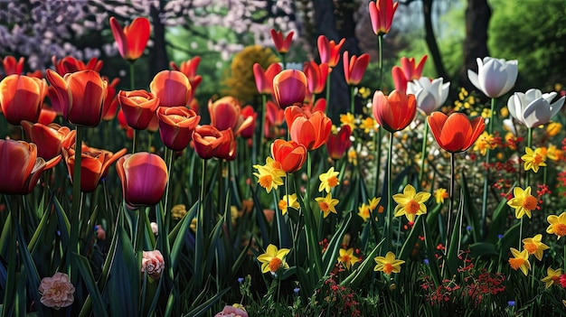 Tulips Flowers lilies date rose daffodils peonies buttercup spring March bouquet holiday gift flowerbed give red yellow white garden field smell bud stems Generated by AI