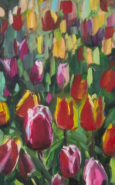 Tulips flowers painting multicolored oil tulips