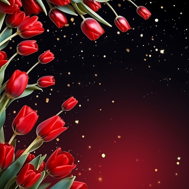 Tulips frame scattered stars red background leave space at b scene art decor beauty aesthetics