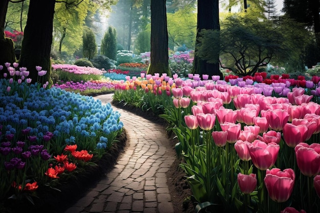 Tulips in a garden with trees in the background