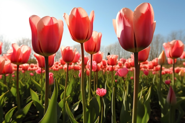 Photo tulips growing in a field in sunlight in spring netherlands