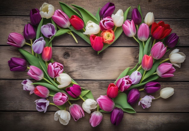 Тюльпаны в форме сердца на деревянном фоне
