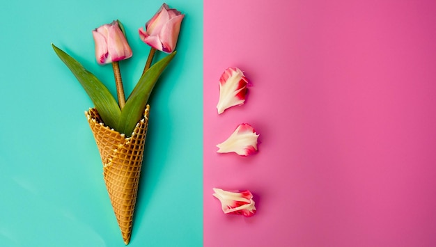 Tulips ice cream waffle cone Pink flowers flat lay Minimal copy space