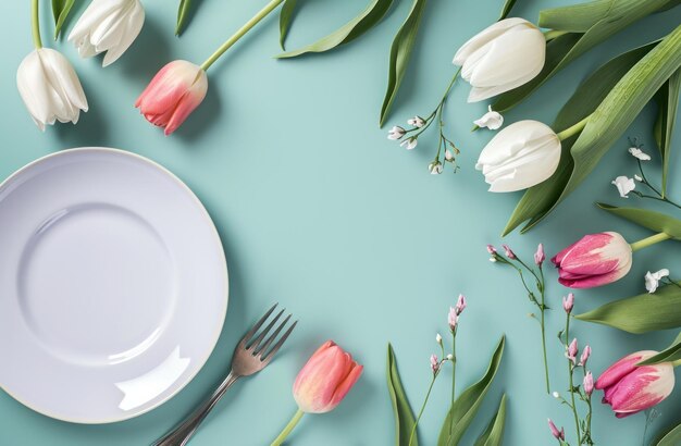 Фото Бумажная тарелка с тюльпанами и пустая рама