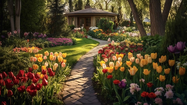 tulips in the park garden in spring garden with tulips