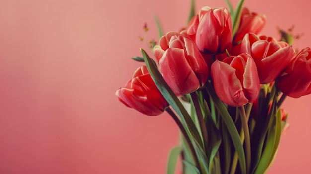 Foto tulipi su uno sfondo rosa congratulazioni per l'8 marzo e la giornata della madre