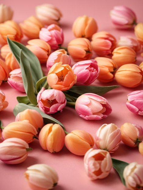 Tulips on pink background Spring concept Flat lay top view