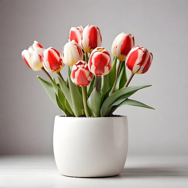 Tulips plant in modern white pot or vase