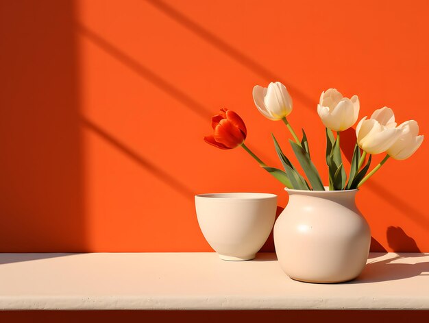 Tulips on a pot of water and a table in front of an orange wall