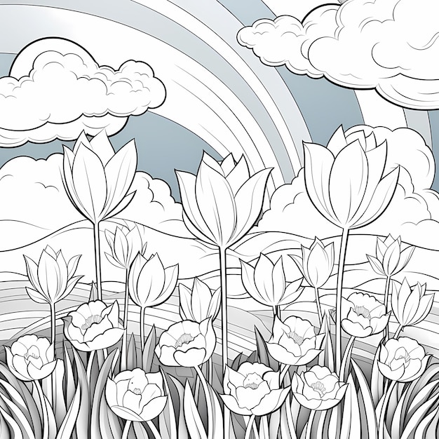 tulips under the rainbow sky in nature in black and white for kids coloring page