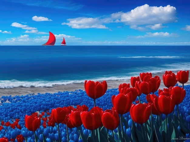 Tulips and sailing boat in the sea 3d render