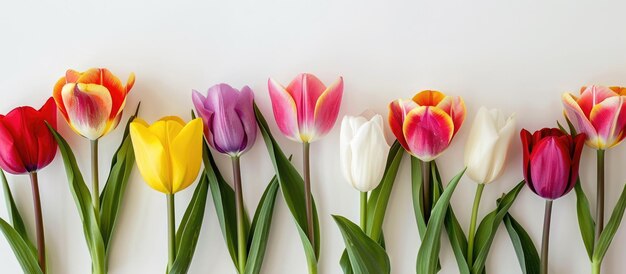 Tulips in shades of red pink yellow white and purple pop against a backdrop of white