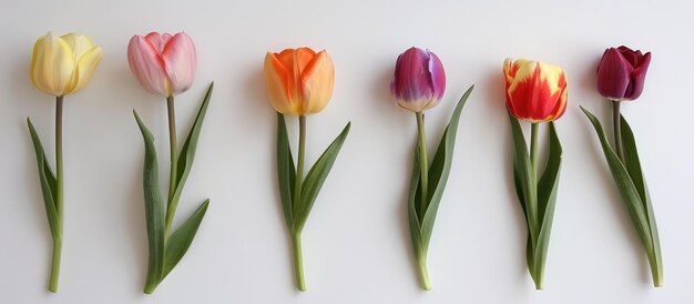 Tulips six blooms separated against a white background