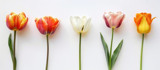 Tulips six blooms separated against a white background