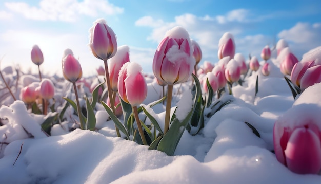 Tulips in the snow with the snow on the ground