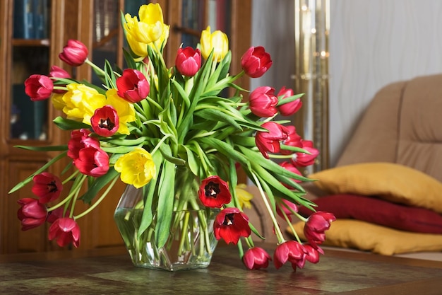 Tulips on a Table in a Living Room