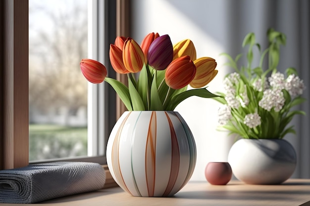 Tulips in vase standing on the table in empty room near the window