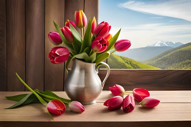 Tulips in a vase on a window sill with mountains in the background