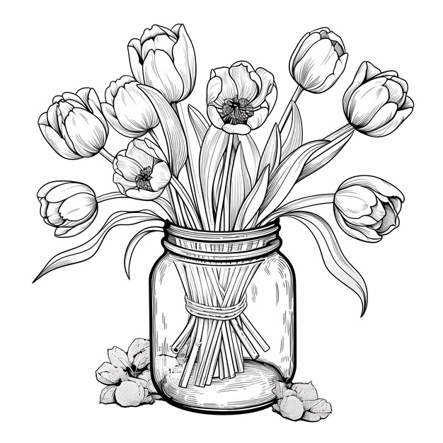 tulips with large blooming with jar coloring page for kids black and white