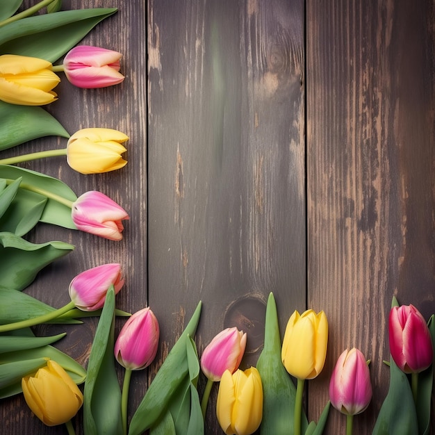 Tulips on a wooden background with a place for text