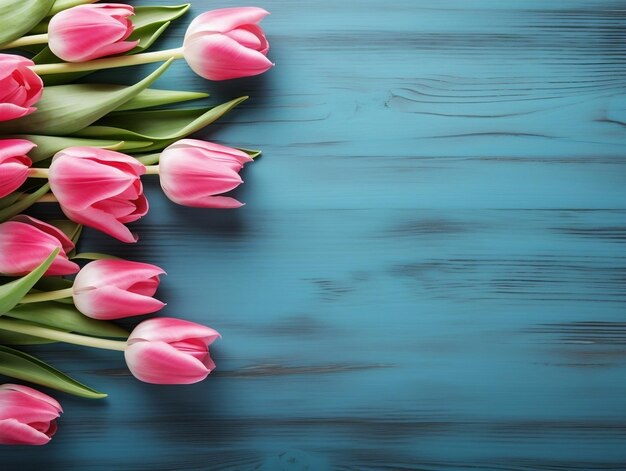 Tulips on wooden table with blue wooden background and copy text space