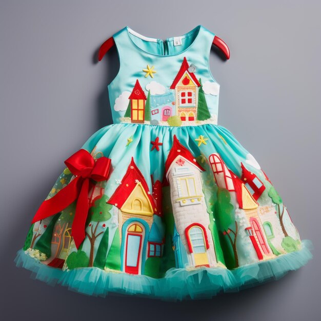 A tulle dress that has a brightly green colored christmas house on it in the style of playful and