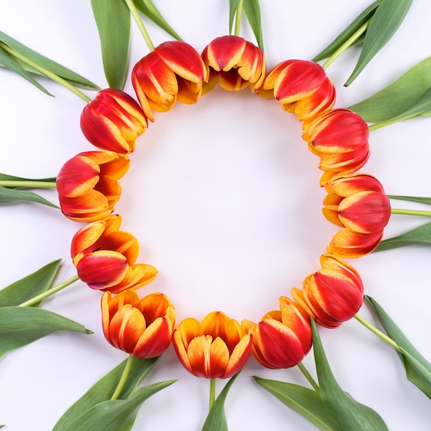 tulp bloembos - Mooi rood, geel boeket geïsoleerd op een witte tafel, bovenaanzicht, plat leggen, ontwerpconcept.