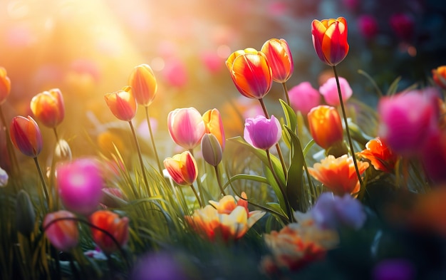 Tulpen bloeien in het gras.