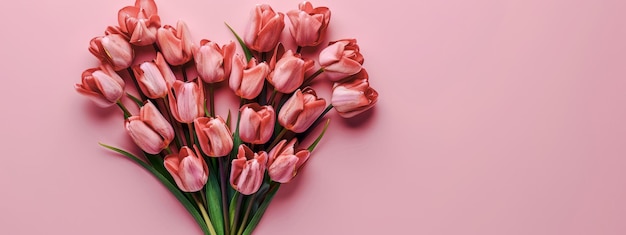 Foto tulpen in de vorm van een hart op een roze achtergrond met ruimte voor een kopie van boven