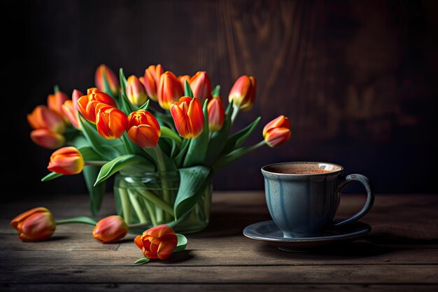 Tulpen in een keramische vaas en een kopje koffie in een stilleven met een hardhouten achtergrond