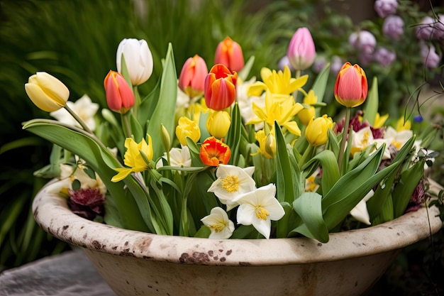 Tulpen in een kom omgeven door andere voorjaarsbloeiers