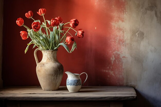 Tulpen in een kruik bij het frame