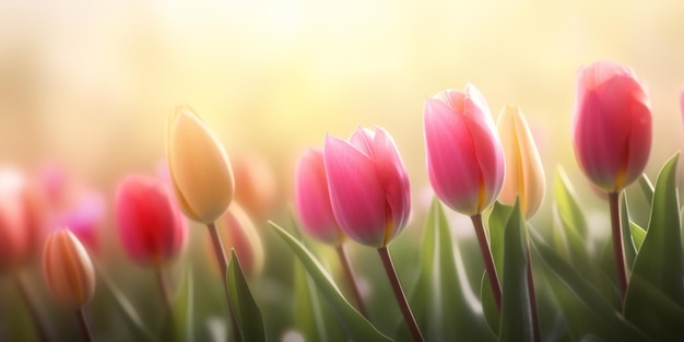 Tulpen in een veld waar de zon op schijnt