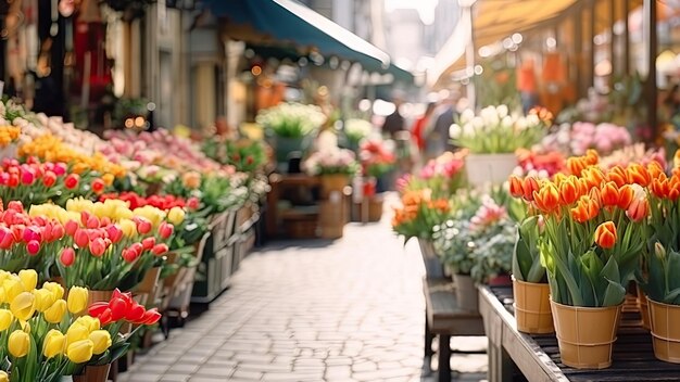 Tulpen in potten op het terras van een bloemenwinkel