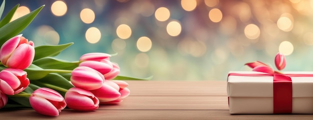 Foto tulpen met geschenkkist op houten tafel