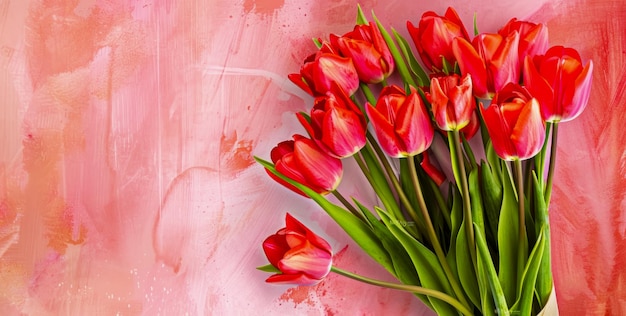 Foto tulpen op een roze achtergrond waterverf tekening of kaartje voor felicitaties op international womens