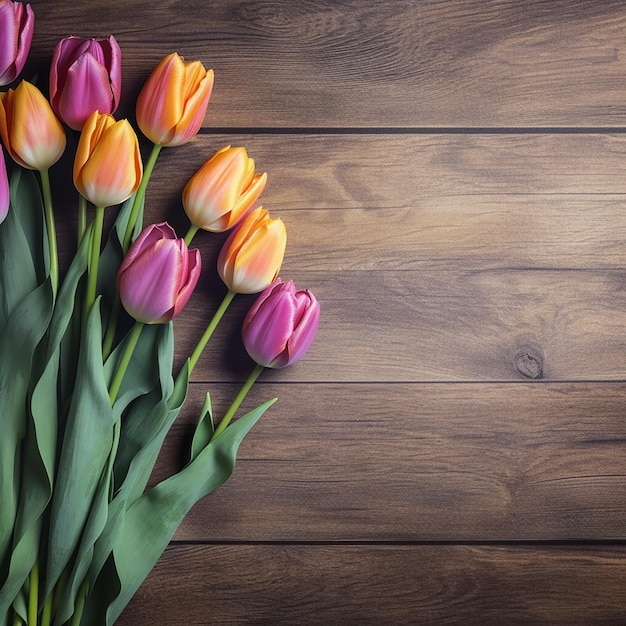 Foto tulpen op houten achtergrond bovenbeeld kopieerruimte feestconcept