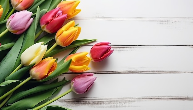 Tulpen op witte houten planken achtergrond met kopie ruimte