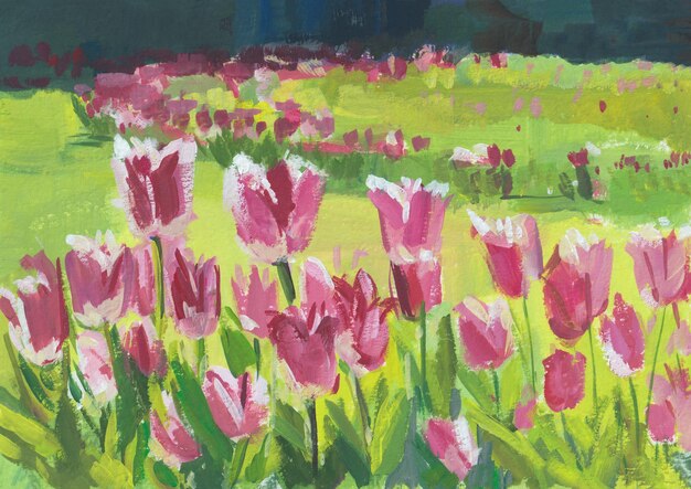 Tulpen schilderij Kleurrijke tulpen gouache tekening op papier